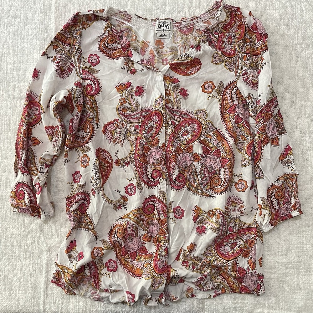 ARIAT Western Wear Large Finley Tunic Paisley Print‎ Rayon Button Front Top